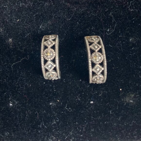 Sterling Silver Marcasite Half Hoop Earrings Posts Filigree Delicate Sparkly - Picture 2 of 9
